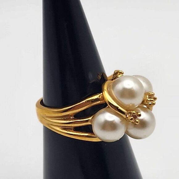 Vintage 14K Gold Electroplated Faux Pearl & Rhinestone Ring (6.25) - Picture 3 of 8